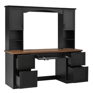 English Elm On-trend Farmhouse Arched Hutch Desk Walnut Veneer Workstation with Charging Ports Black N721S000085B