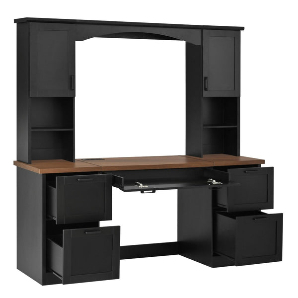 English Elm On-trend Farmhouse Arched Hutch Desk Walnut Veneer Workstation with Charging Ports Black N721S000085B