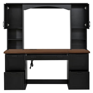 English Elm On-trend Farmhouse Arched Hutch Desk Walnut Veneer Workstation with Charging Ports Black N721S000085B