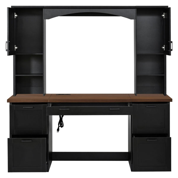English Elm On-trend Farmhouse Arched Hutch Desk Walnut Veneer Workstation with Charging Ports Black N721S000085B