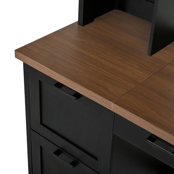 English Elm On-trend Farmhouse Arched Hutch Desk Walnut Veneer Workstation with Charging Ports Black N721S000085B