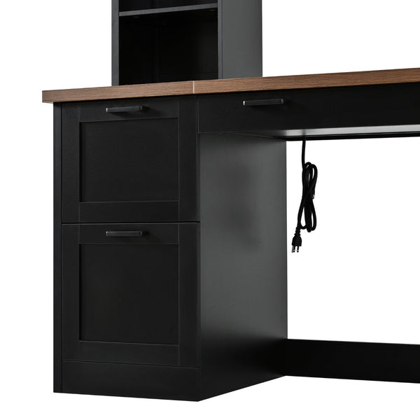 English Elm On-trend Farmhouse Arched Hutch Desk Walnut Veneer Workstation with Charging Ports Black N721S000085B