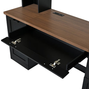English Elm On-trend Farmhouse Arched Hutch Desk Walnut Veneer Workstation with Charging Ports Black N721S000085B