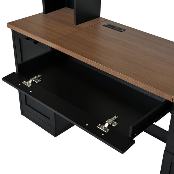 English Elm On-trend Farmhouse Arched Hutch Desk Walnut Veneer Workstation with Charging Ports Black N721S000085B