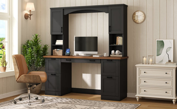 English Elm On-trend Farmhouse Arched Hutch Desk Walnut Veneer Workstation with Charging Ports Black N721S000085B