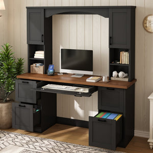 English Elm On-trend Farmhouse Arched Hutch Desk Walnut Veneer Workstation with Charging Ports Black N721S000085B