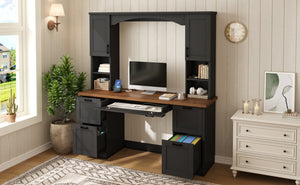 English Elm On-trend Farmhouse Arched Hutch Desk Walnut Veneer Workstation with Charging Ports Black N721S000085B