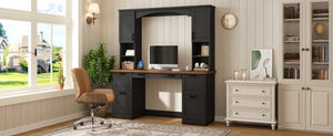 English Elm On-trend Farmhouse Arched Hutch Desk Walnut Veneer Workstation with Charging Ports Black N721S000085B