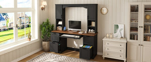 English Elm On-trend Farmhouse Arched Hutch Desk Walnut Veneer Workstation with Charging Ports Black N721S000085B