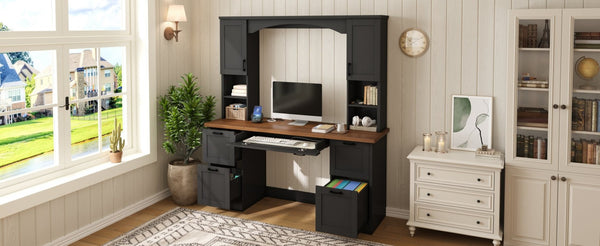 English Elm On-trend Farmhouse Arched Hutch Desk Walnut Veneer Workstation with Charging Ports Black N721S000085B