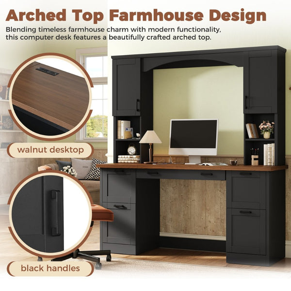 English Elm On-trend Farmhouse Arched Hutch Desk Walnut Veneer Workstation with Charging Ports Black N721S000085B
