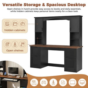 English Elm On-trend Farmhouse Arched Hutch Desk Walnut Veneer Workstation with Charging Ports Black N721S000085B