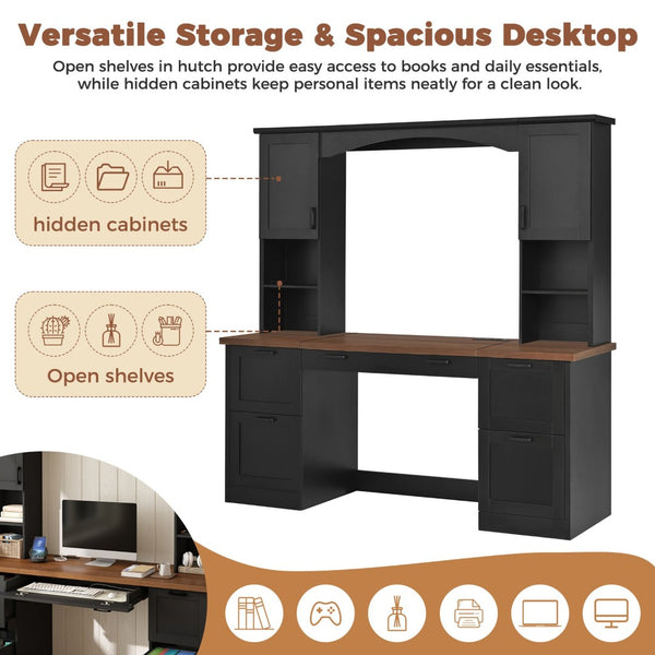 English Elm On-trend Farmhouse Arched Hutch Desk Walnut Veneer Workstation with Charging Ports Black N721S000085B