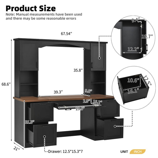 English Elm On-trend Farmhouse Arched Hutch Desk Walnut Veneer Workstation with Charging Ports Black N721S000085B