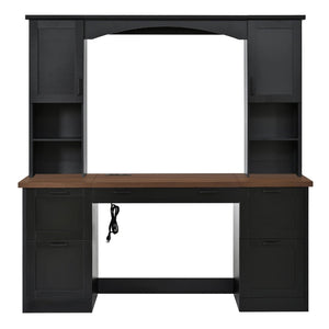 English Elm On-trend Farmhouse Arched Hutch Desk Walnut Veneer Workstation with Charging Ports Black N721S000085B