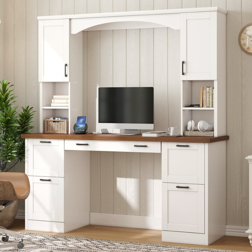 English Elm On-trend Farmhouse Arched Hutch Desk Walnut Veneer Workstation with Charging Ports White N721S000085K