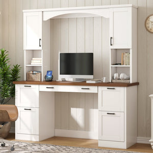 English Elm On-trend Farmhouse Arched Hutch Desk Walnut Veneer Workstation with Charging Ports White N721S000085K