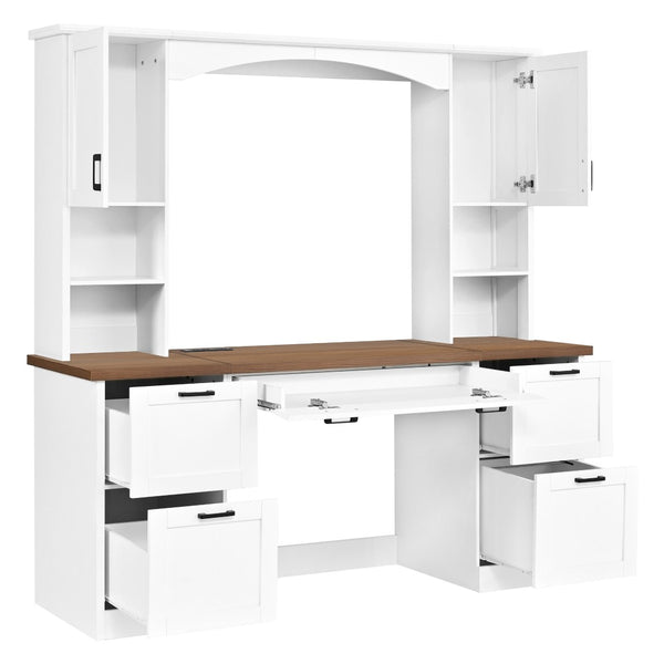 English Elm On-trend Farmhouse Arched Hutch Desk Walnut Veneer Workstation with Charging Ports White N721S000085K
