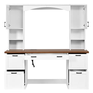 English Elm On-trend Farmhouse Arched Hutch Desk Walnut Veneer Workstation with Charging Ports White N721S000085K