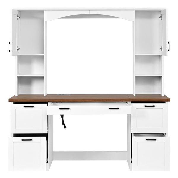 English Elm On-trend Farmhouse Arched Hutch Desk Walnut Veneer Workstation with Charging Ports White N721S000085K