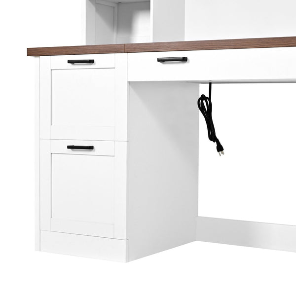 English Elm On-trend Farmhouse Arched Hutch Desk Walnut Veneer Workstation with Charging Ports White N721S000085K