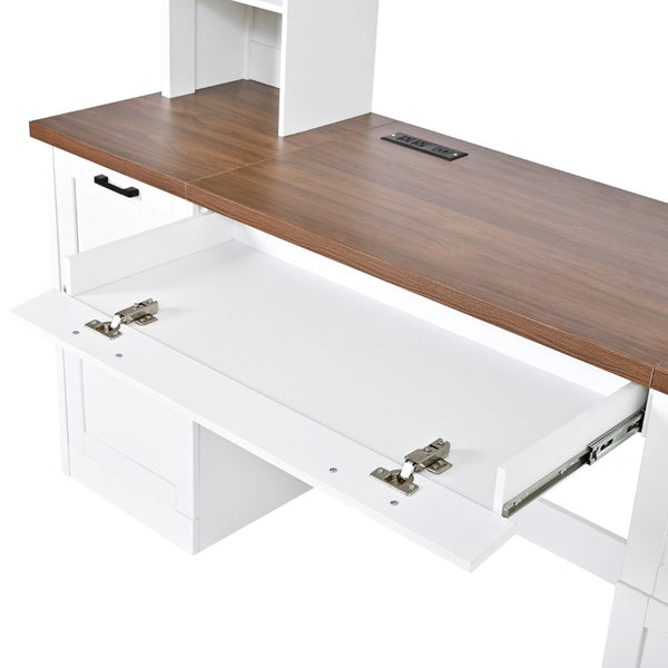 English Elm On-trend Farmhouse Arched Hutch Desk Walnut Veneer Workstation with Charging Ports White N721S000085K