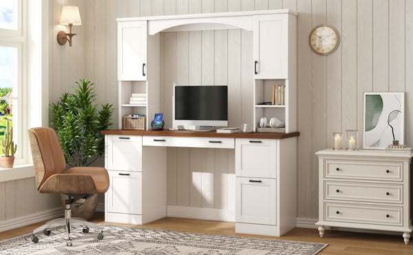 English Elm On-trend Farmhouse Arched Hutch Desk Walnut Veneer Workstation with Charging Ports White N721S000085K
