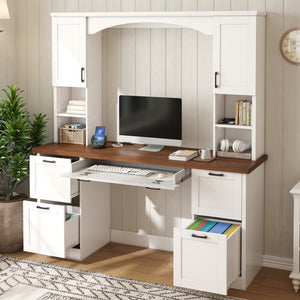 English Elm On-trend Farmhouse Arched Hutch Desk Walnut Veneer Workstation with Charging Ports White N721S000085K