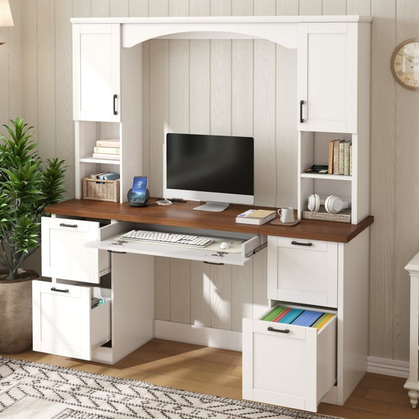 English Elm On-trend Farmhouse Arched Hutch Desk Walnut Veneer Workstation with Charging Ports White N721S000085K