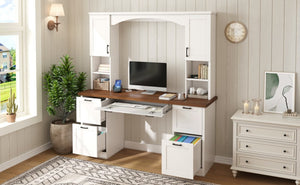 English Elm On-trend Farmhouse Arched Hutch Desk Walnut Veneer Workstation with Charging Ports White N721S000085K