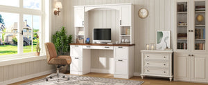 English Elm On-trend Farmhouse Arched Hutch Desk Walnut Veneer Workstation with Charging Ports White N721S000085K