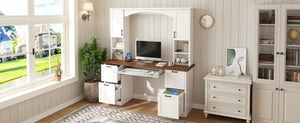 English Elm On-trend Farmhouse Arched Hutch Desk Walnut Veneer Workstation with Charging Ports White N721S000085K