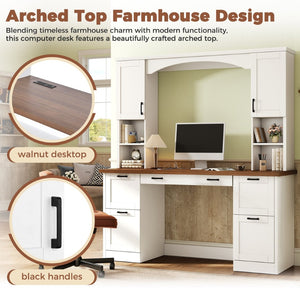 English Elm On-trend Farmhouse Arched Hutch Desk Walnut Veneer Workstation with Charging Ports White N721S000085K