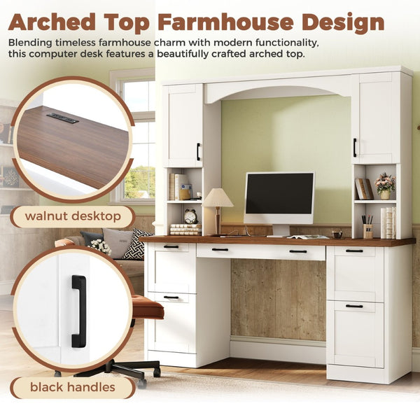 English Elm On-trend Farmhouse Arched Hutch Desk Walnut Veneer Workstation with Charging Ports White N721S000085K