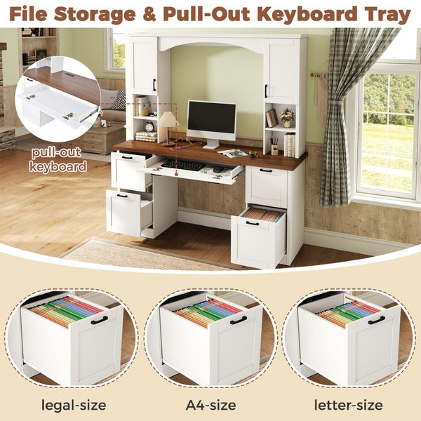 English Elm On-trend Farmhouse Arched Hutch Desk Walnut Veneer Workstation with Charging Ports White N721S000085K