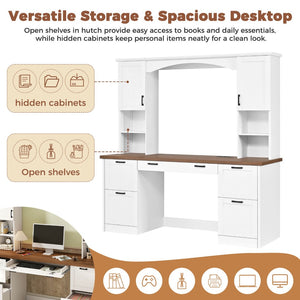 English Elm On-trend Farmhouse Arched Hutch Desk Walnut Veneer Workstation with Charging Ports White N721S000085K