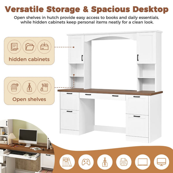 English Elm On-trend Farmhouse Arched Hutch Desk Walnut Veneer Workstation with Charging Ports White N721S000085K