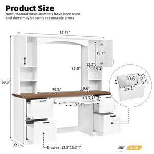English Elm On-trend Farmhouse Arched Hutch Desk Walnut Veneer Workstation with Charging Ports White N721S000085K