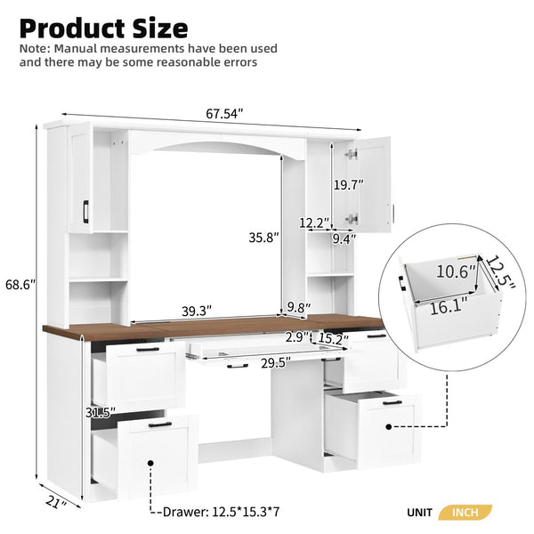 English Elm On-trend Farmhouse Arched Hutch Desk Walnut Veneer Workstation with Charging Ports White N721S000085K