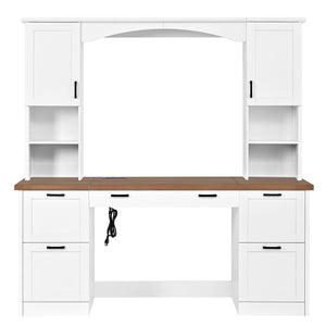 English Elm On-trend Farmhouse Arched Hutch Desk Walnut Veneer Workstation with Charging Ports White N721S000085K