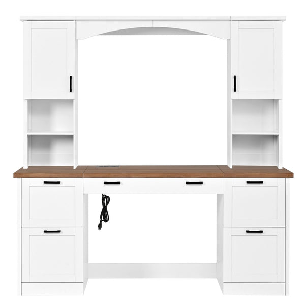 English Elm On-trend Farmhouse Arched Hutch Desk Walnut Veneer Workstation with Charging Ports White N721S000085K