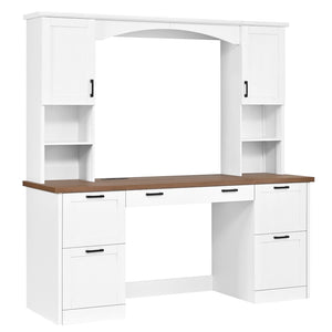 English Elm On-trend Farmhouse Arched Hutch Desk Walnut Veneer Workstation with Charging Ports White N721S000085K