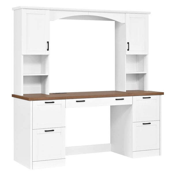 English Elm On-trend Farmhouse Arched Hutch Desk Walnut Veneer Workstation with Charging Ports White N721S000085K