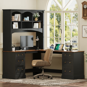 English Elm Space-saving Farmhouse Corner Desk with Arched Hutch File Drawers and Charging Ports Black N721S000086B