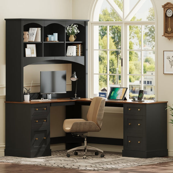 English Elm Space-saving Farmhouse Corner Desk with Arched Hutch File Drawers and Charging Ports Black N721S000086B