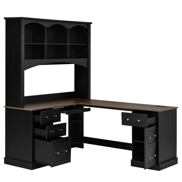English Elm Space-saving Farmhouse Corner Desk with Arched Hutch File Drawers and Charging Ports Black N721S000086B
