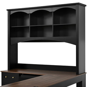 English Elm Space-saving Farmhouse Corner Desk with Arched Hutch File Drawers and Charging Ports Black N721S000086B