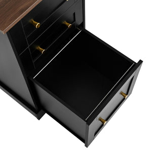English Elm Space-saving Farmhouse Corner Desk with Arched Hutch File Drawers and Charging Ports Black N721S000086B