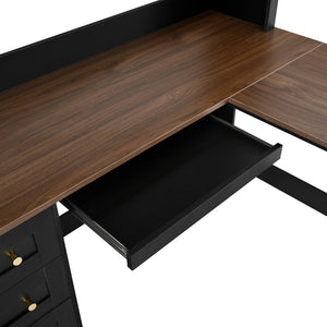 English Elm Space-saving Farmhouse Corner Desk with Arched Hutch File Drawers and Charging Ports Black N721S000086B