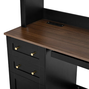 English Elm Space-saving Farmhouse Corner Desk with Arched Hutch File Drawers and Charging Ports Black N721S000086B